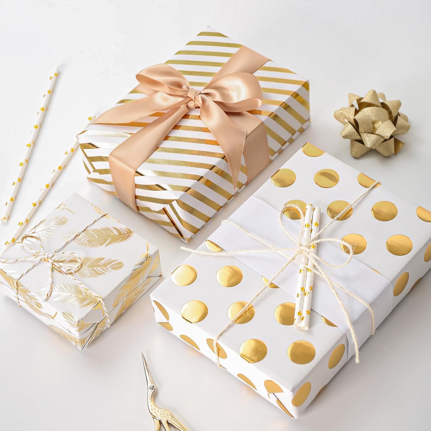 Gift Wrapping Paper Roll,Birthday Wrapping, 6 Sheets Metallic Gold Foil Wrapping Paper Gift Bow & Sticker, Shiny Luxury Gift Wraps for Birthday, Holiday, Graduation, Baby Shower, 27.5x19.6in