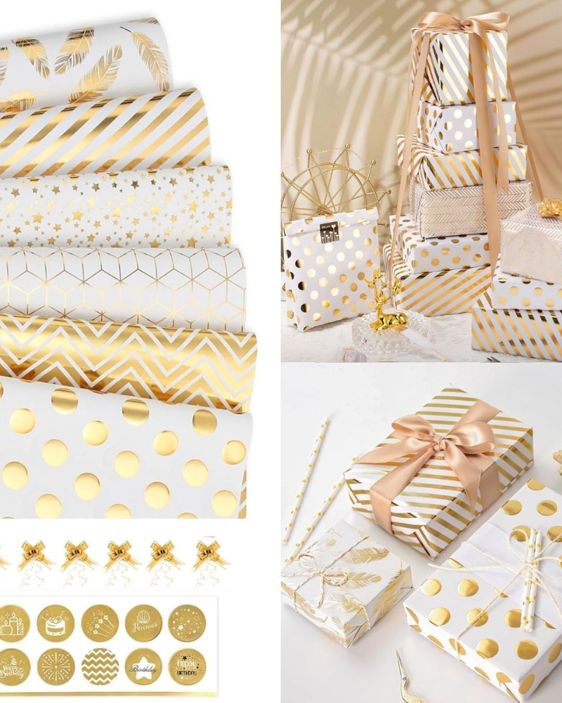 Gift Wrapping Paper Roll,Birthday Wrapping, 6 Sheets Metallic Gold Foil Wrapping Paper Gift Bow & Sticker, Shiny Luxury Gift Wraps for Birthday, Holiday, Graduation, Baby Shower, 27.5x19.6in