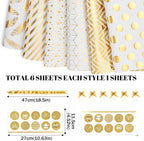 Gift Wrapping Paper Roll,Birthday Wrapping, 6 Sheets Metallic Gold Foil Wrapping Paper Gift Bow & Sticker, Shiny Luxury Gift Wraps for Birthday, Holiday, Graduation, Baby Shower, 27.5x19.6in
