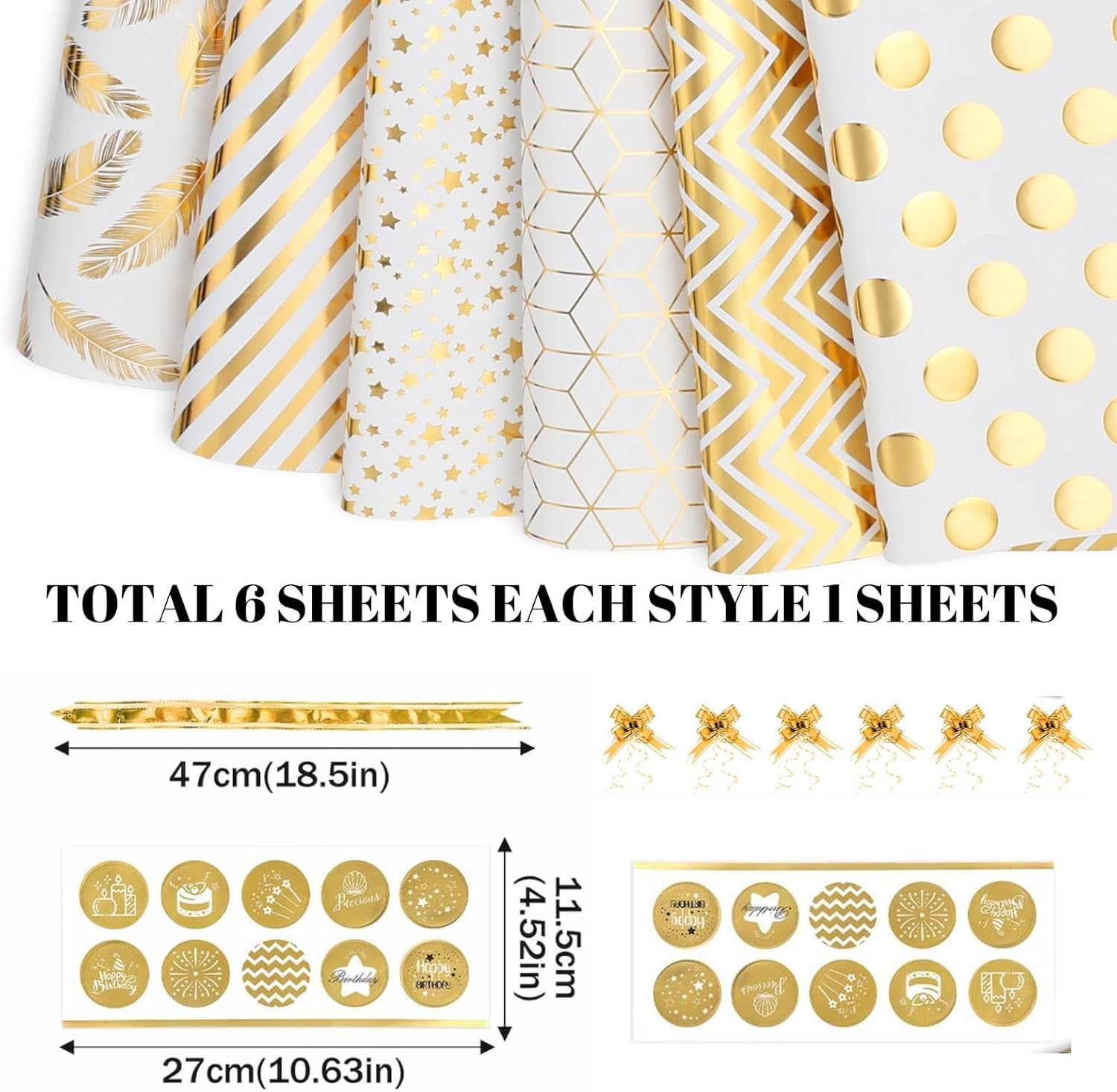 Gift Wrapping Paper Roll,Birthday Wrapping, 6 Sheets Metallic Gold Foil Wrapping Paper Gift Bow & Sticker, Shiny Luxury Gift Wraps for Birthday, Holiday, Graduation, Baby Shower, 27.5x19.6in