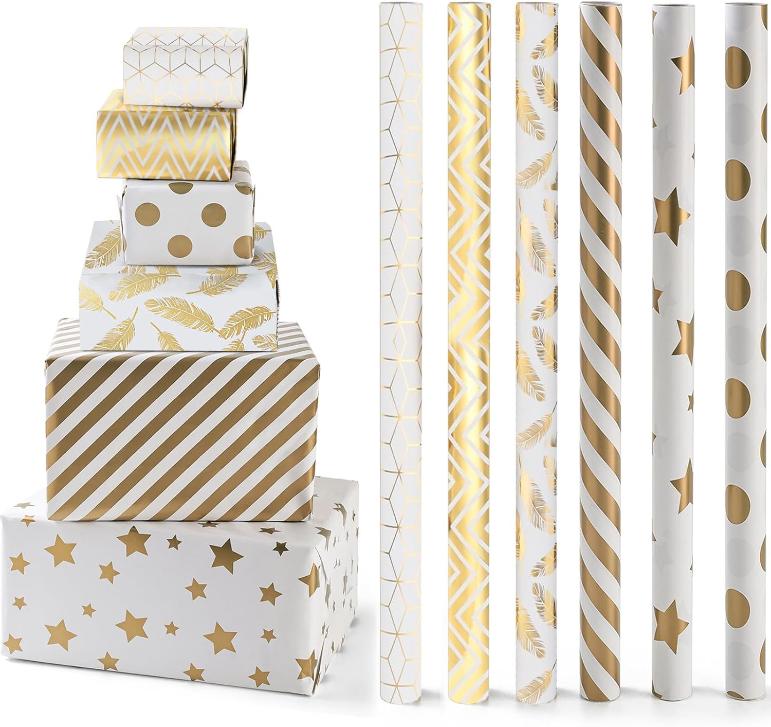 Gift Wrapping Paper Roll,Birthday Wrapping, 6 Sheets Metallic Gold Foil Wrapping Paper Gift Bow & Sticker, Shiny Luxury Gift Wraps for Birthday, Holiday, Graduation, Baby Shower, 27.5x19.6in
