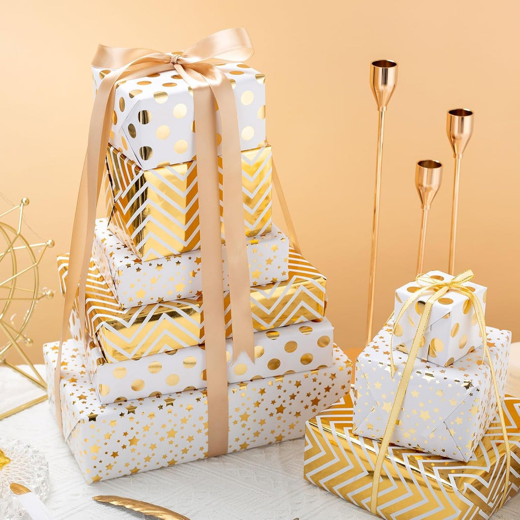 Gift Wrapping Paper Roll,Birthday Wrapping, 6 Sheets Metallic Gold Foil Wrapping Paper Gift Bow & Sticker, Shiny Luxury Gift Wraps for Birthday, Holiday, Graduation, Baby Shower, 27.5x19.6in