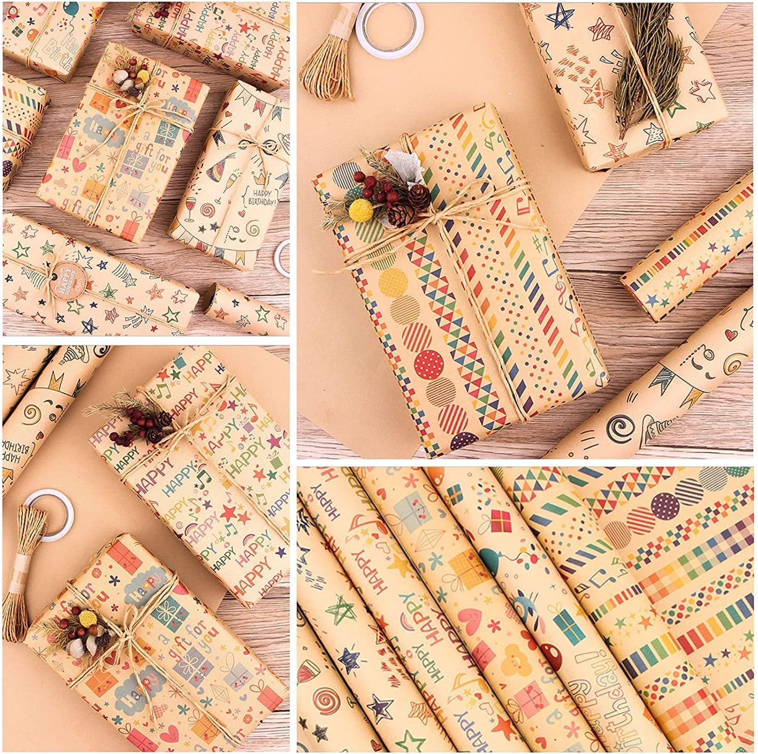 Gift Wrapping Paper, 6 Sheets Gift Wrap for Birthday, Holiday, Wedding, Party, Kids Gift Wrapping, Kraft Paper Roll, Holiday Gift Wrapping Paper DIY Set, Size 70cmX50cm, 6 Sheets