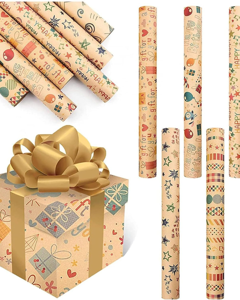 Gift Wrapping Paper, 6 Sheets Gift Wrap for Birthday, Holiday, Wedding, Party, Kids Gift Wrapping, Kraft Paper Roll, Holiday Gift Wrapping Paper DIY Set, Size 70cmX50cm, 6 Sheets