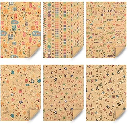 Gift Wrapping Paper, 6 Sheets Gift Wrap for Birthday, Holiday, Wedding, Party, Kids Gift Wrapping, Kraft Paper Roll, Holiday Gift Wrapping Paper DIY Set, Size 70cmX50cm, 6 Sheets