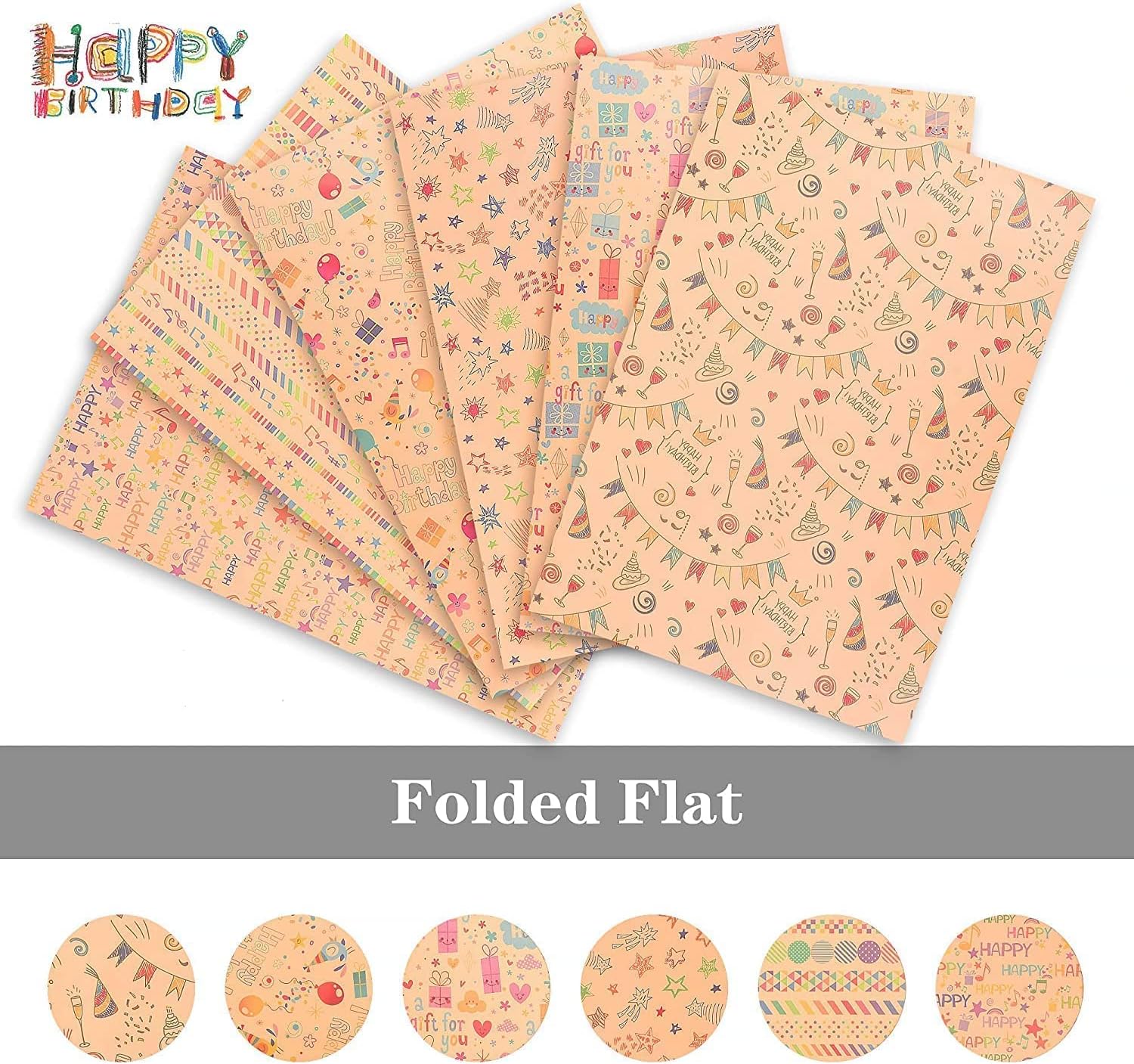 Gift Wrapping Paper, 6 Sheets Gift Wrap for Birthday, Holiday, Wedding, Party, Kids Gift Wrapping, Kraft Paper Roll, Holiday Gift Wrapping Paper DIY Set, Size 70cmX50cm, 6 Sheets