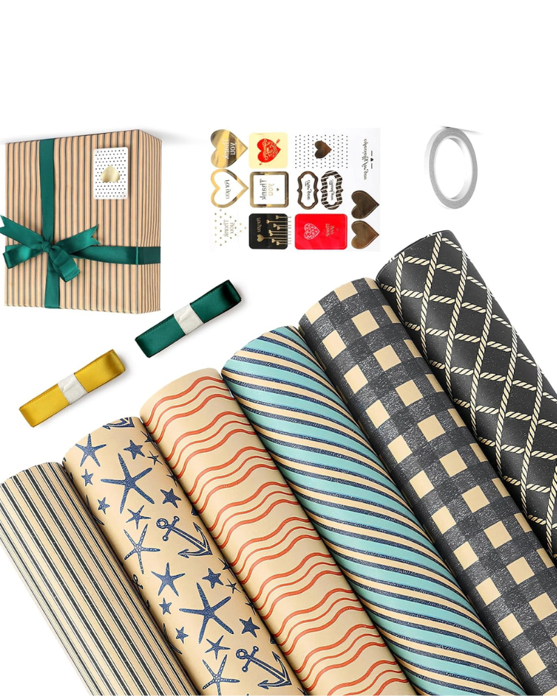 Gift Wrapping Paper, Birthday Wrapping Paper Set with Ribbon&Tape, Large Wrapping Paper Roll for Girl&Boy Christmas Weddings Festive Parties Kraft Paper Green Pattern（50cm x 70cm, 6sheets)