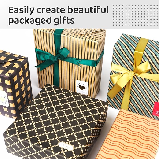 Gift Wrapping Paper, Birthday Wrapping Paper Set with Ribbon&Tape, Large Wrapping Paper Roll for Girl&Boy Christmas Weddings Festive Parties Kraft Paper Green Pattern（50cm x 70cm, 6sheets)
