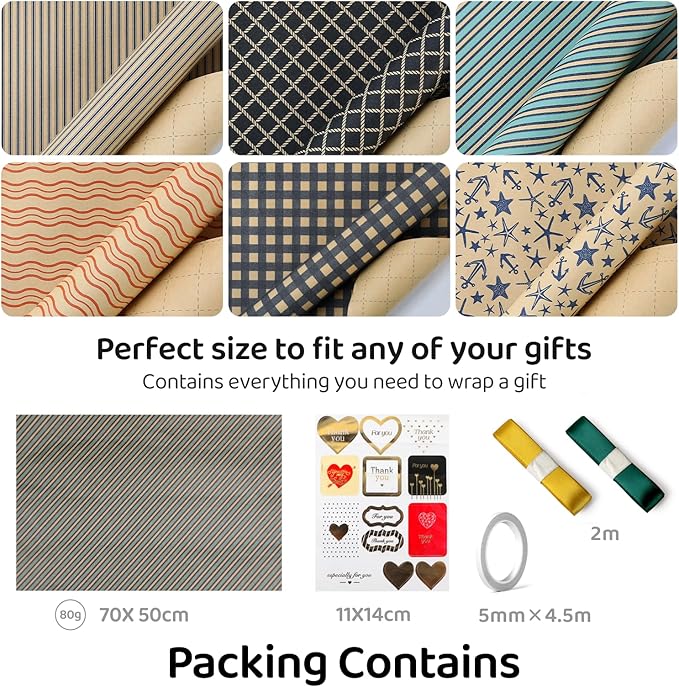 Gift Wrapping Paper, Birthday Wrapping Paper Set with Ribbon&Tape, Large Wrapping Paper Roll for Girl&Boy Christmas Weddings Festive Parties Kraft Paper Green Pattern（50cm x 70cm, 6sheets)