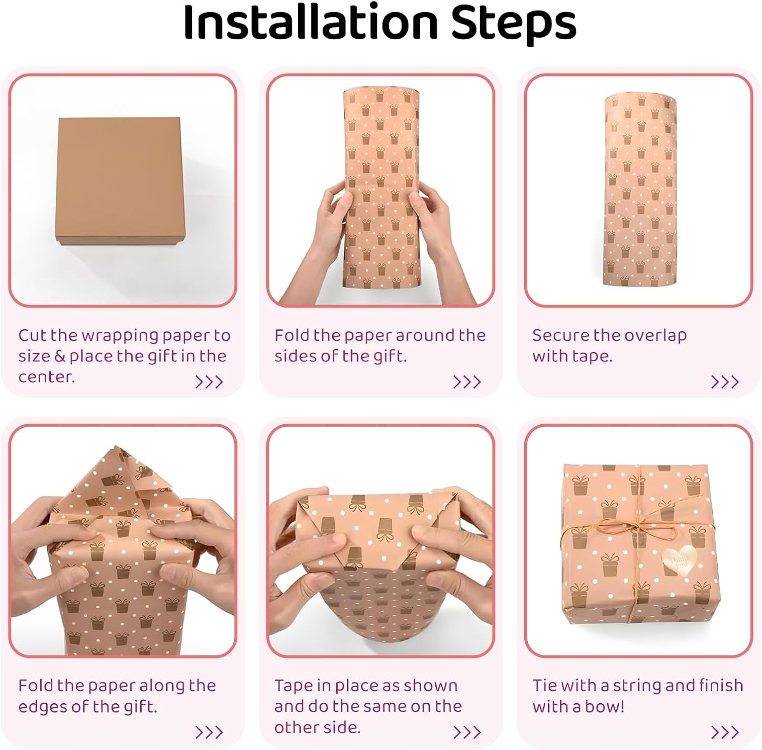 Gift Wrapping Paper, Birthday Wrapping Paper Set with Tape, Large Wrapping Paper Roll for Girl & Boy Christmas Weddings Festive Parties Coated Paper Pink Pattern（43cm x 300cm, 4rolls)