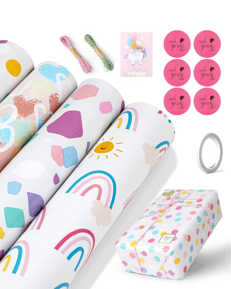 Gift Wrapping Paper, Birthday Wrapping Paper Set with Tape, Large Wrapping Paper Roll for Girl & Boy Christmas Weddings Festive Parties Coated Paper Pink Pattern（43cm x 300cm, 4rolls)