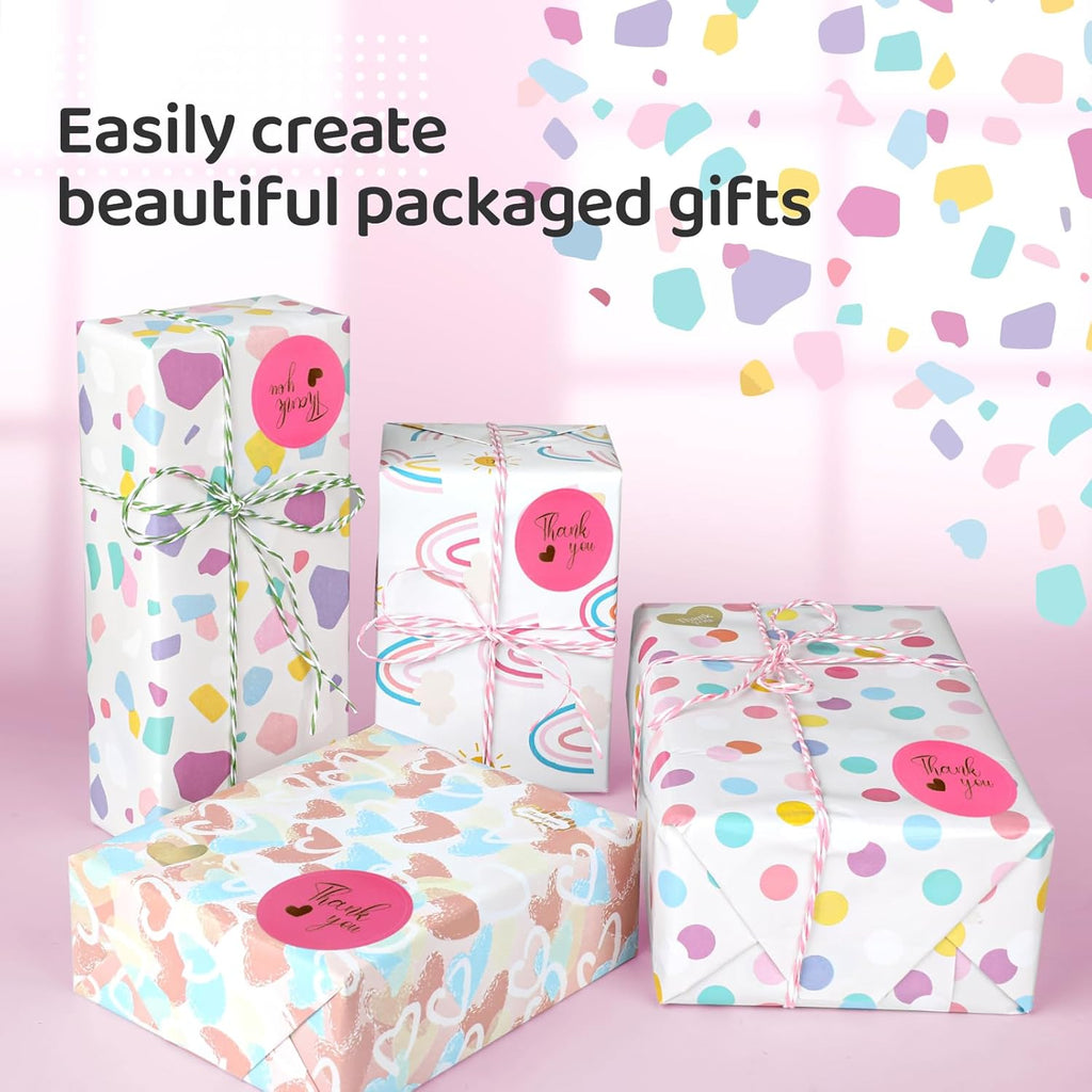 Gift Wrapping Paper, Birthday Wrapping Paper Set with Tape, Large Wrapping Paper Roll for Girl & Boy Christmas Weddings Festive Parties Coated Paper Pink Pattern（43cm x 300cm, 4rolls)