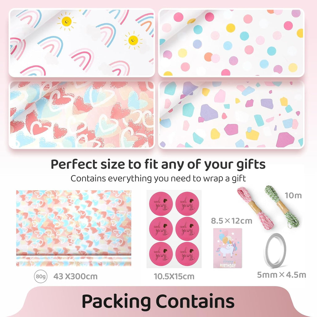 Gift Wrapping Paper, Birthday Wrapping Paper Set with Tape, Large Wrapping Paper Roll for Girl & Boy Christmas Weddings Festive Parties Coated Paper Pink Pattern（43cm x 300cm, 4rolls)