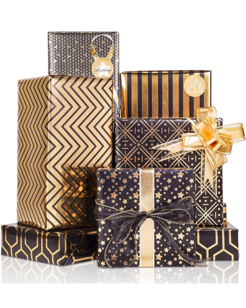 Gift Wrapping Paper,Gift Wrapping Paper Roll,Birthday Wrapping, 6 Sheets Metallic Black Gold Foil Wrapping Bow & Sticker, Shiny Luxury Gift Wraps for Birthday, Holiday, Baby Shower, 27.5x19.6in