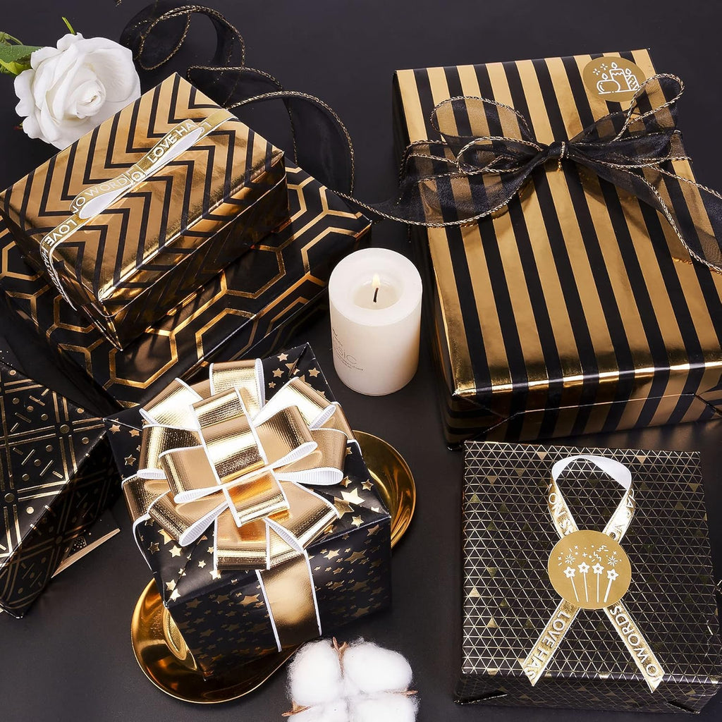 Gift Wrapping Paper,Gift Wrapping Paper Roll,Birthday Wrapping, 6 Sheets Metallic Black Gold Foil Wrapping Bow & Sticker, Shiny Luxury Gift Wraps for Birthday, Holiday, Baby Shower, 27.5x19.6in