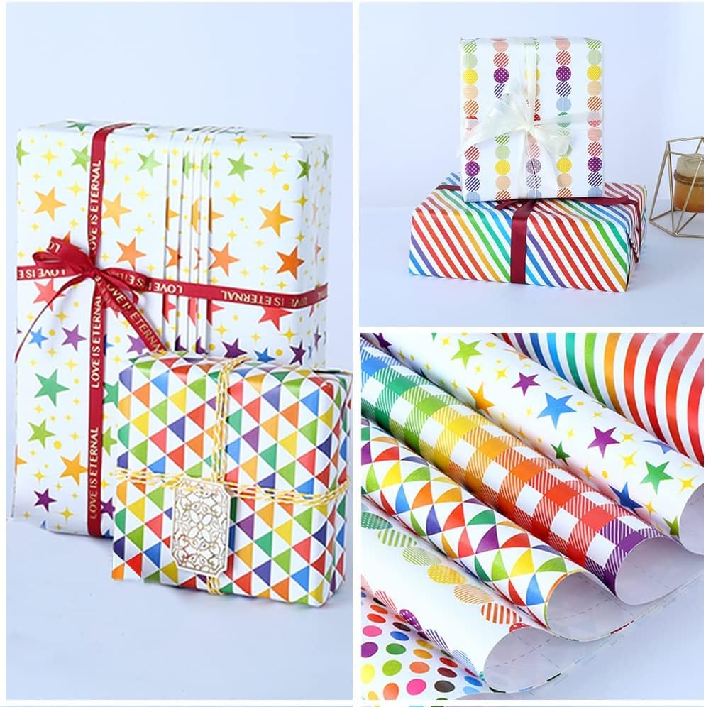 Gift Wrapping Paper, Happy Birthday Wrapping Paper Recycled Gift Wrapping Paper, Birthday Wrap Paper with Tags Ribbons Sticker Double for Birthday, Bridal Baby Shower, Graduations, Boy, Girl