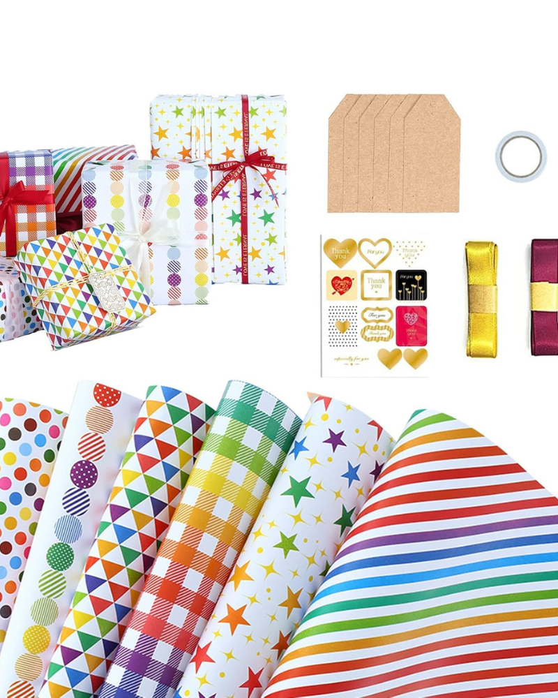 Gift Wrapping Paper, Happy Birthday Wrapping Paper Recycled Gift Wrapping Paper, Birthday Wrap Paper with Tags Ribbons Sticker Double for Birthday, Bridal Baby Shower, Graduations, Boy, Girl