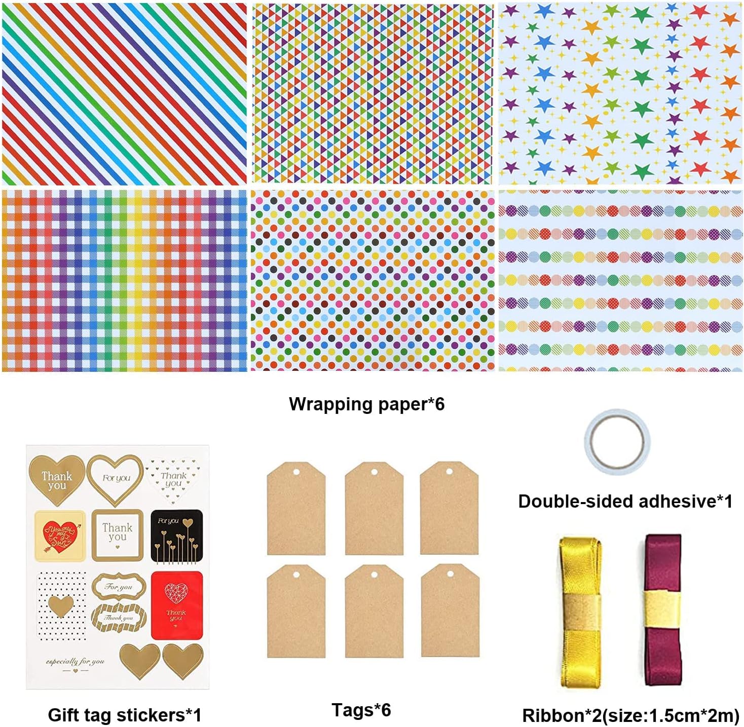 Gift Wrapping Paper, Happy Birthday Wrapping Paper Recycled Gift Wrapping Paper, Birthday Wrap Paper with Tags Ribbons Sticker Double for Birthday, Bridal Baby Shower, Graduations, Boy, Girl