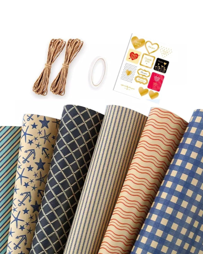 Gift Wrapping Paper sheets Set Included 6 Pack Gift Kraft Wrap Paper with hemp string Sticker and Tape for Birthday Party Graduation Eid Boys Girls kids baby Men Women 50 cm X 70 cm Per Sheet