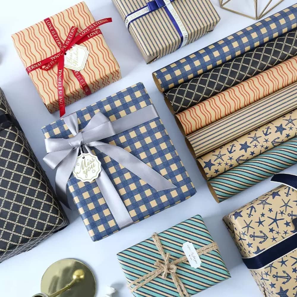 Gift Wrapping Paper sheets Set Included 6 Pack Gift Kraft Wrap Paper with hemp string Sticker and Tape for Birthday Party Graduation Eid Boys Girls kids baby Men Women 50 cm X 70 cm Per Sheet