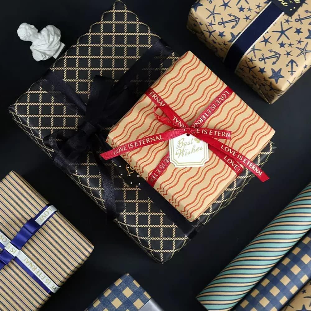 Gift Wrapping Paper sheets Set Included 6 Pack Gift Kraft Wrap Paper with hemp string Sticker and Tape for Birthday Party Graduation Eid Boys Girls kids baby Men Women 50 cm X 70 cm Per Sheet
