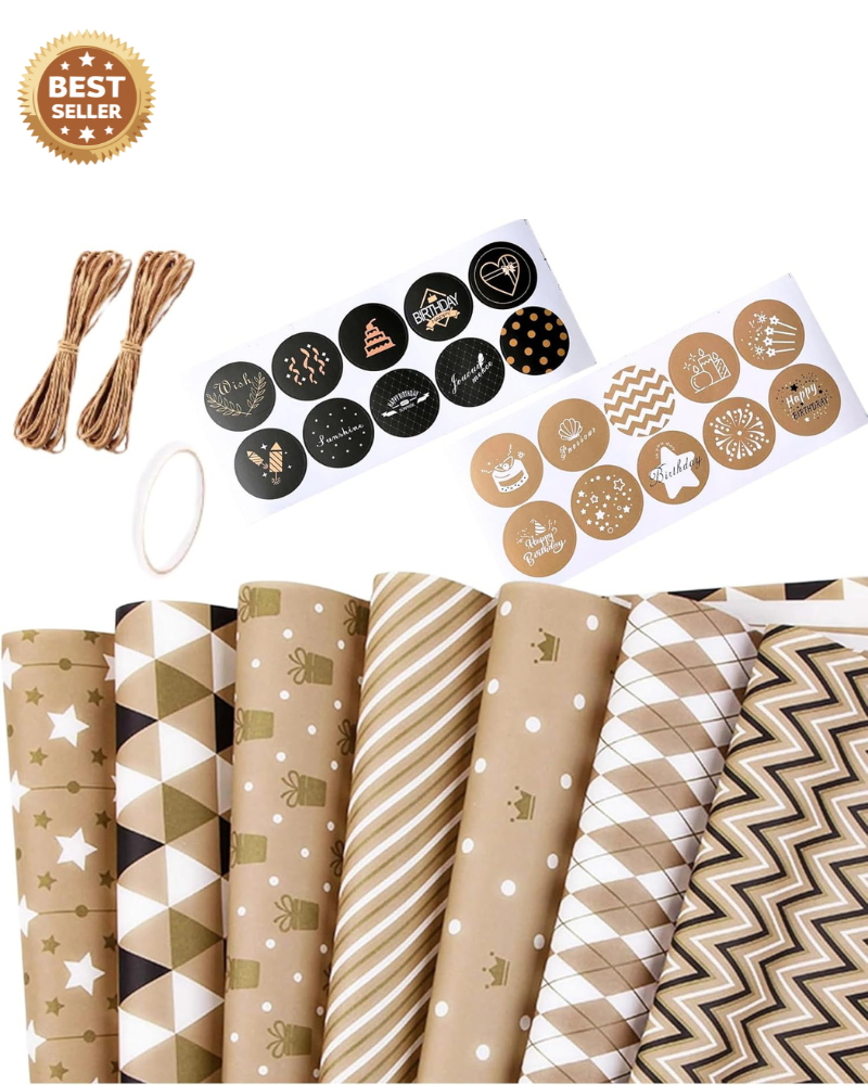 Gift Wrapping Paper sheets Set Included 7 Pack Gift Kraft Wrap Paper with Hemp String Sticker and Tape for Birthday Party Graduation Eid Boys Girls kids baby Men Women 50 cm X 70 cm Per Sheet