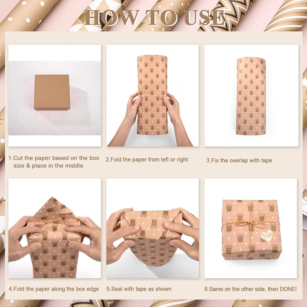 Gift Wrapping Paper sheets Set Included 7 Pack Gift Kraft Wrap Paper with Hemp String Sticker and Tape for Birthday Party Graduation Eid Boys Girls kids baby Men Women 50 cm X 70 cm Per Sheet