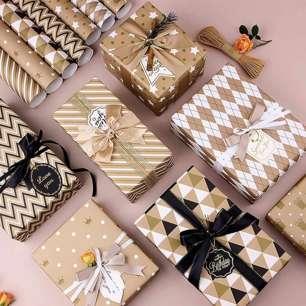 Gift Wrapping Paper sheets Set Included 7 Pack Gift Kraft Wrap Paper with Hemp String Sticker and Tape for Birthday Party Graduation Eid Boys Girls kids baby Men Women 50 cm X 70 cm Per Sheet