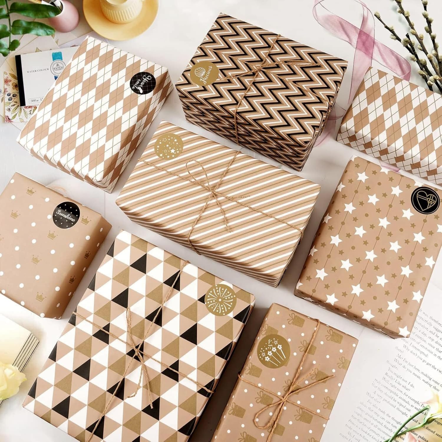 Gift Wrapping Paper sheets Set Included 7 Pack Gift Kraft Wrap Paper with Hemp String Sticker and Tape for Birthday Party Graduation Eid Boys Girls kids baby Men Women 50 cm X 70 cm Per Sheet