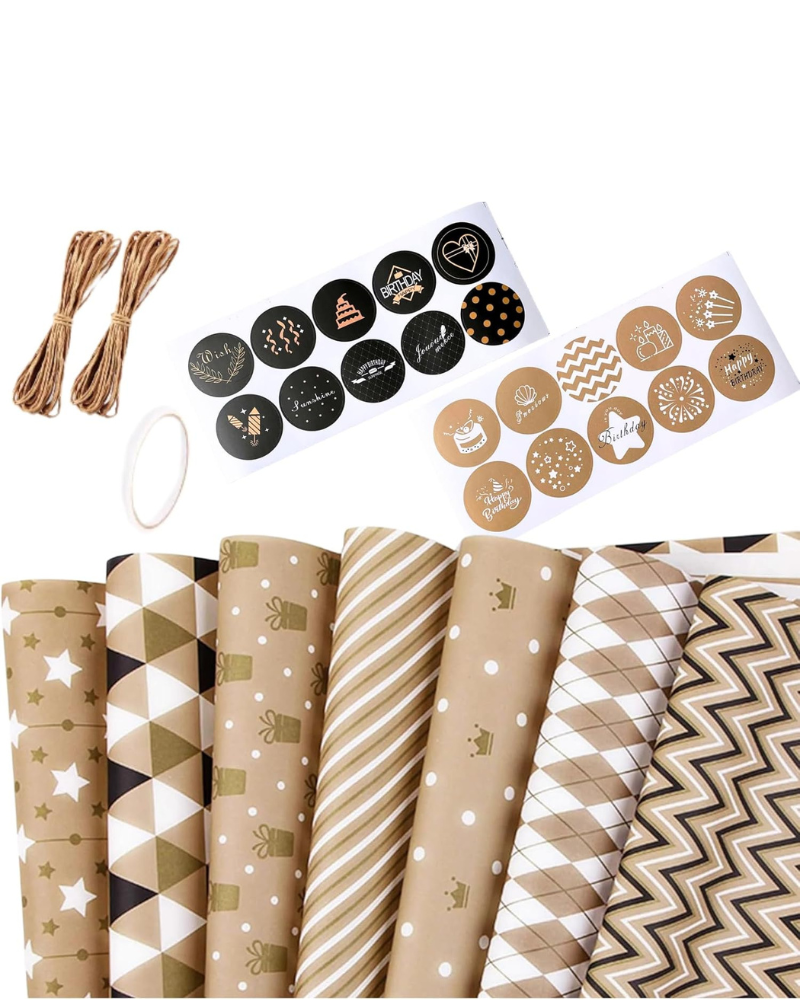 Gift Wrapping Paper sheets Set Included 7 Pack Gift Kraft Wrap Paper with Hemp String Sticker and Tape for Birthday Party Graduation Eid Boys Girls kids baby Men Women 50 cm X 70 cm Per Sheet