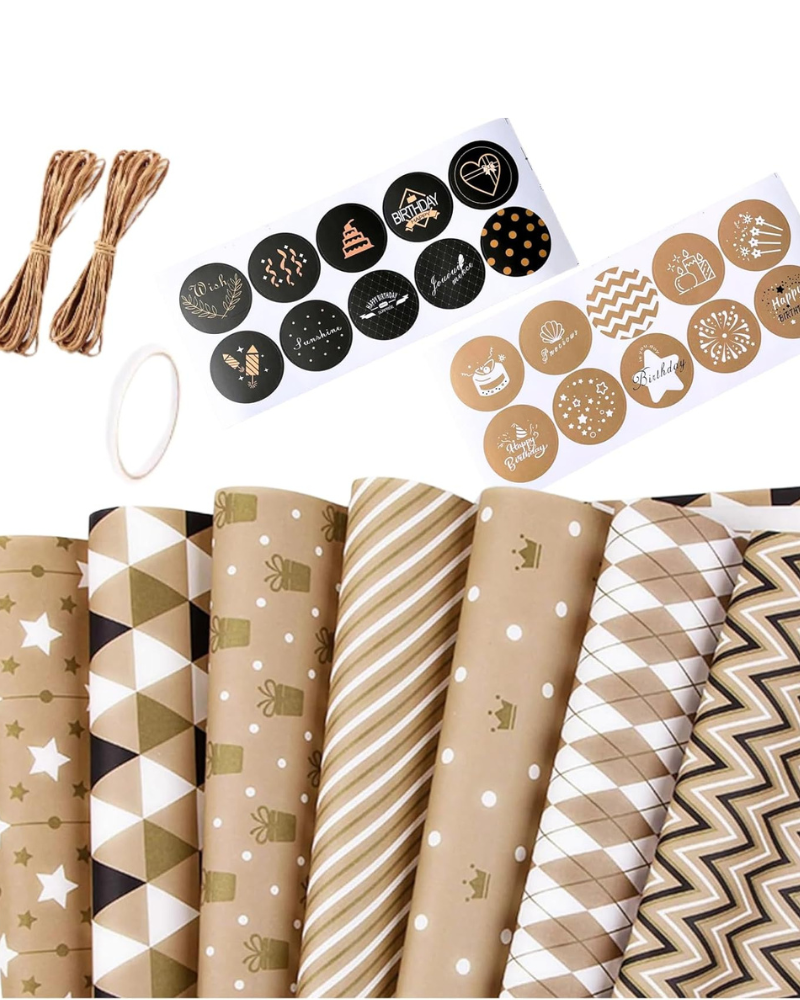 Gift Wrapping Paper sheets Set Included 7 Pack Gift Kraft Wrap Paper with Hemp String Sticker and Tape for Birthday Party Graduation Eid Boys Girls kids baby Men Women 50 cm X 70 cm Per Sheet