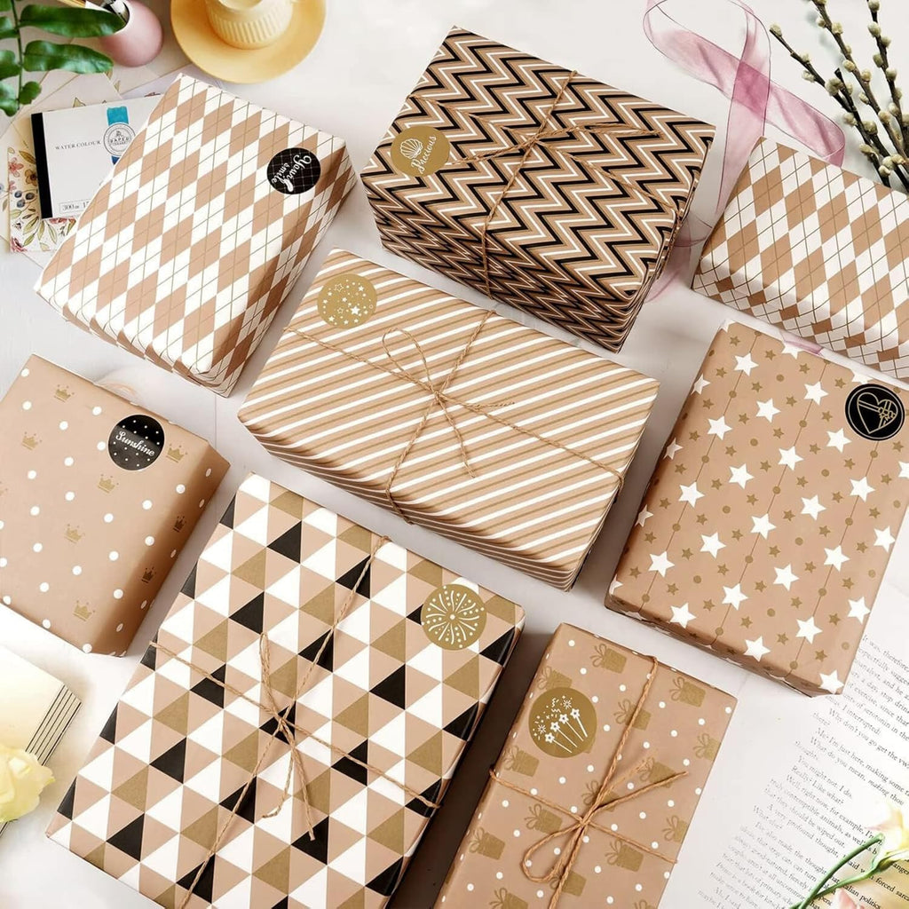 Gift Wrapping Paper sheets Set Included 7 Pack Gift Kraft Wrap Paper with Hemp String Sticker and Tape for Birthday Party Graduation Eid Boys Girls kids baby Men Women 50 cm X 70 cm Per Sheet
