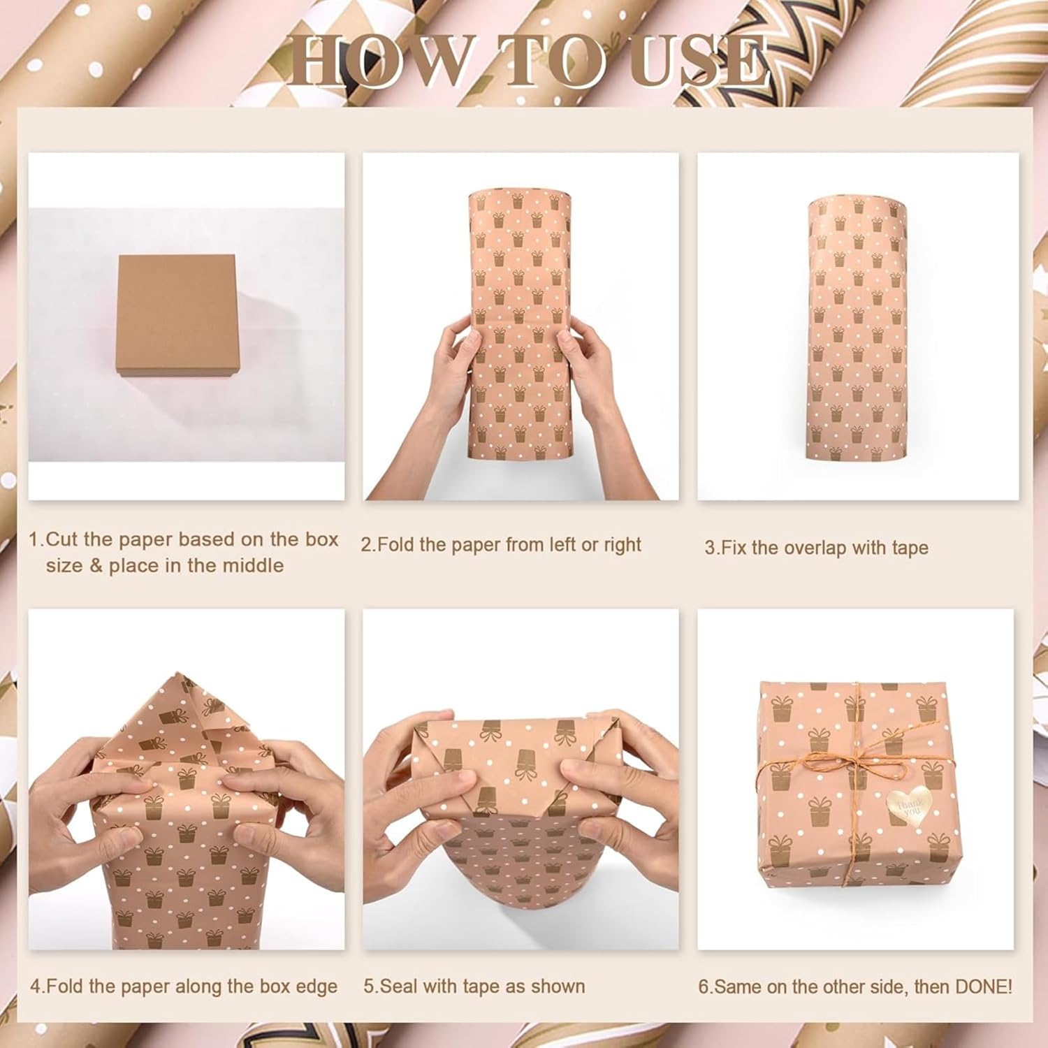 Gift Wrapping Paper sheets Set Included 7 Pack Gift Kraft Wrap Paper with Hemp String Sticker and Tape for Birthday Party Graduation Eid Boys Girls kids baby Men Women 50 cm X 70 cm Per Sheet