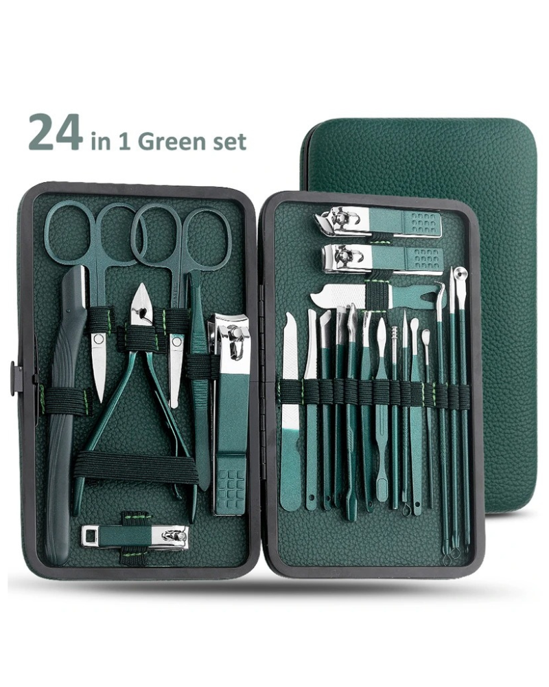 Green Stainless Steel Manicure & Pedicure Set – 7/13/24 Pcs Nail Cutter, Scissors & Grooming Tools Kit with Portable Case