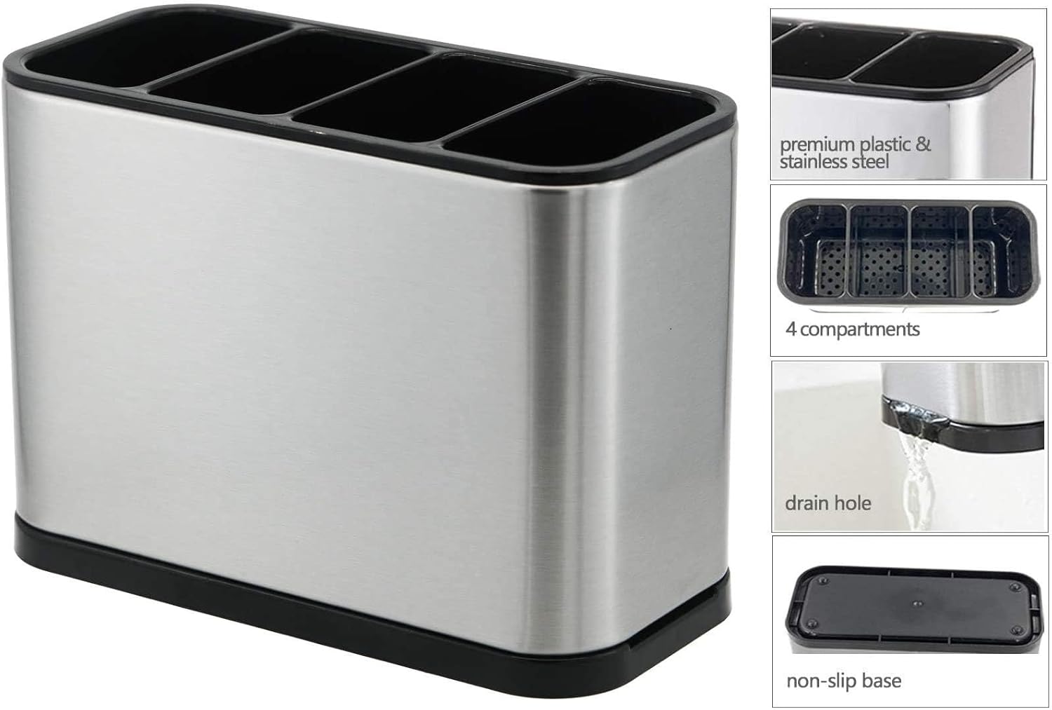 Kitchen Utensil Crock Holder 4 Divider Stainless Steel Kitchen Storage Organiser Cutlery Holder Anti Slip Water Draining Design Easy to Clean for All Kitchens Countertop