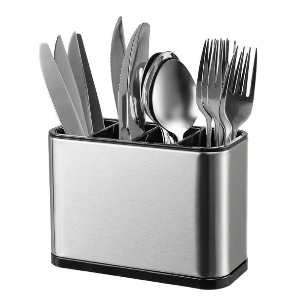 Kitchen Utensil Crock Holder 4 Divider Stainless Steel Kitchen Storage Organiser Cutlery Holder Anti Slip Water Draining Design Easy to Clean for All Kitchens Countertop