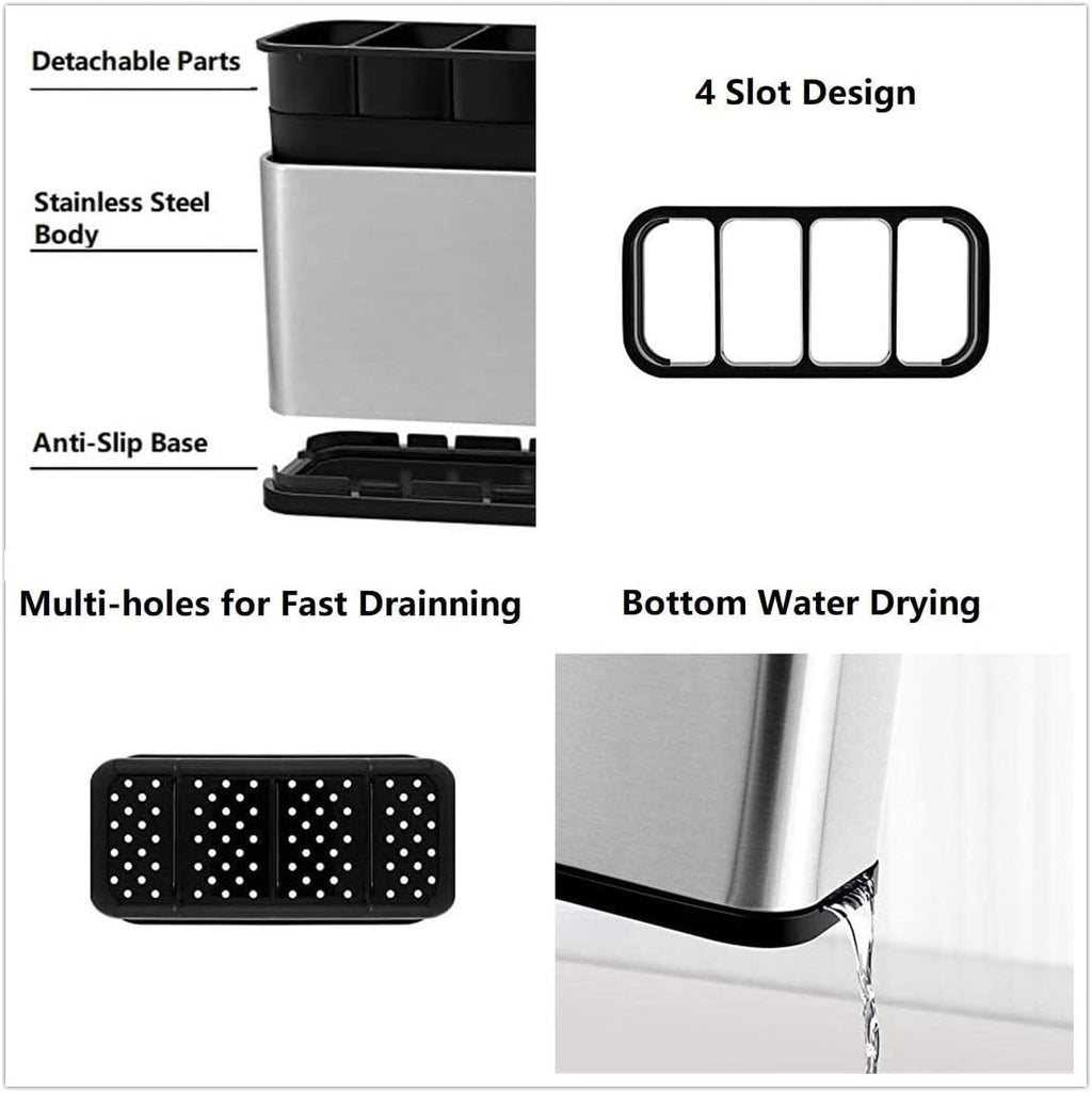 Kitchen Utensil Crock Holder 4 Divider Stainless Steel Kitchen Storage Organiser Cutlery Holder Anti Slip Water Draining Design Easy to Clean for All Kitchens Countertop