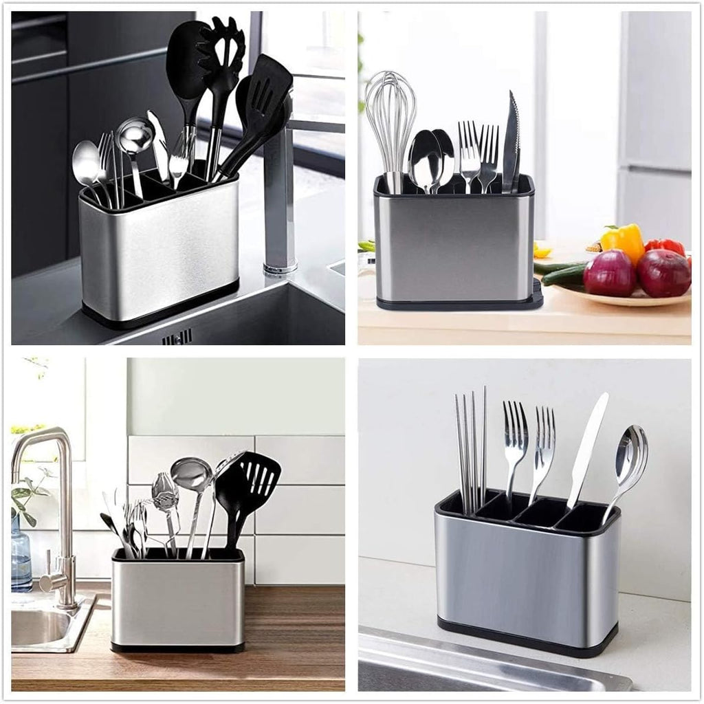 Kitchen Utensil Crock Holder 4 Divider Stainless Steel Kitchen Storage Organiser Cutlery Holder Anti Slip Water Draining Design Easy to Clean for All Kitchens Countertop
