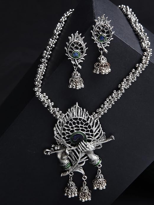 Latest Stylish Traditional Oxidised Silver Necklace Jewellery Set for Women | Boho Afghani Pearl Diamond Look Jewelry Set