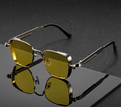 Men Driving Sunglasses Vintage Steampunk Square Sunglasses Metal Frame with Spring Hinges – Trendy UV400 Eyewear for Men and Women