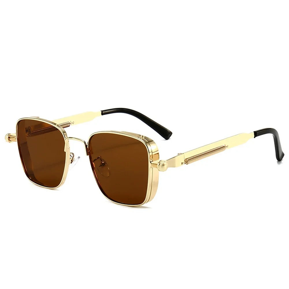 Men Driving Sunglasses Vintage Steampunk Square Sunglasses Metal Frame with Spring Hinges – Trendy UV400 Eyewear for Men and Women
