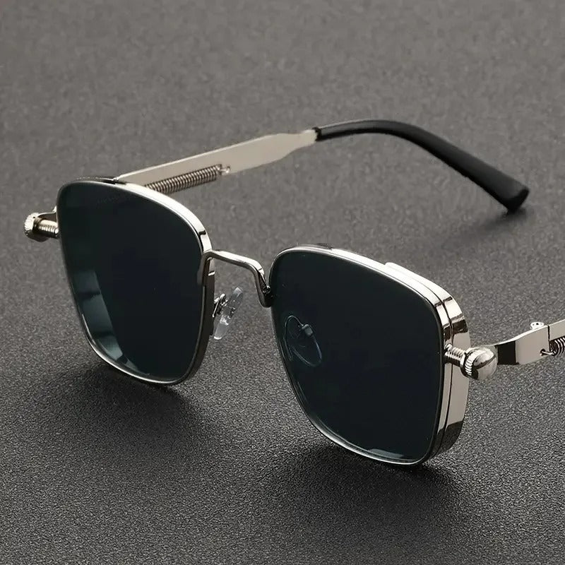 Men Driving Sunglasses Vintage Steampunk Square Sunglasses Metal Frame with Spring Hinges – Trendy UV400 Eyewear for Men and Women