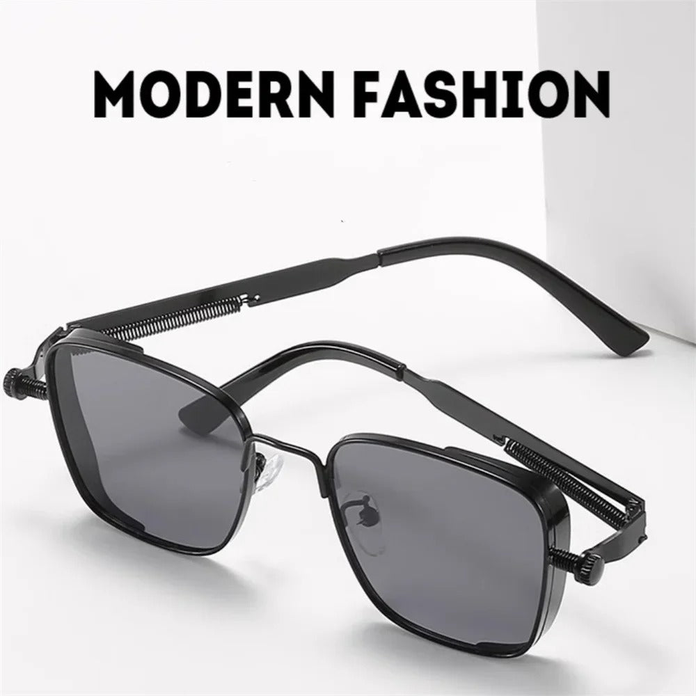 Men Driving Sunglasses Vintage Steampunk Square Sunglasses Metal Frame with Spring Hinges – Trendy UV400 Eyewear for Men and Women