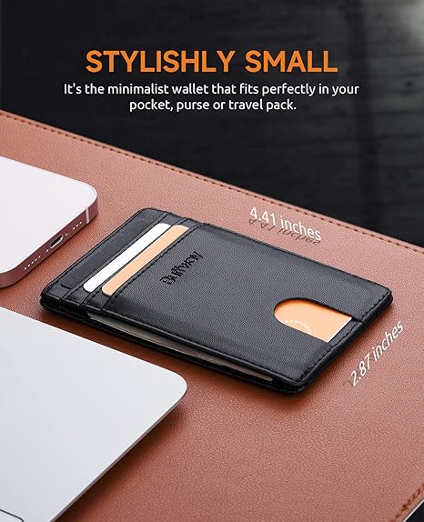 Mens Slim Wallet, Minimalist Thin Front Pocket Leather Credit Card Holder with RFID Blocking for Work Travel