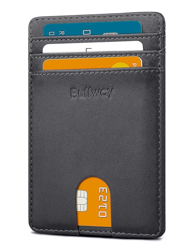 Mens Slim Wallet, Minimalist Thin Front Pocket Leather Credit Card Holder with RFID Blocking for Work Travel