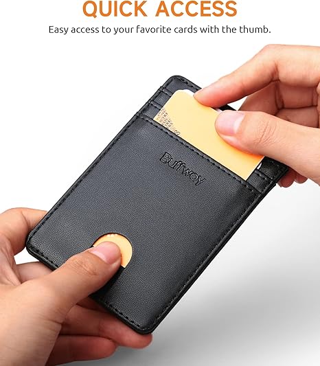 Mens Slim Wallet, Minimalist Thin Front Pocket Leather Credit Card Holder with RFID Blocking for Work Travel