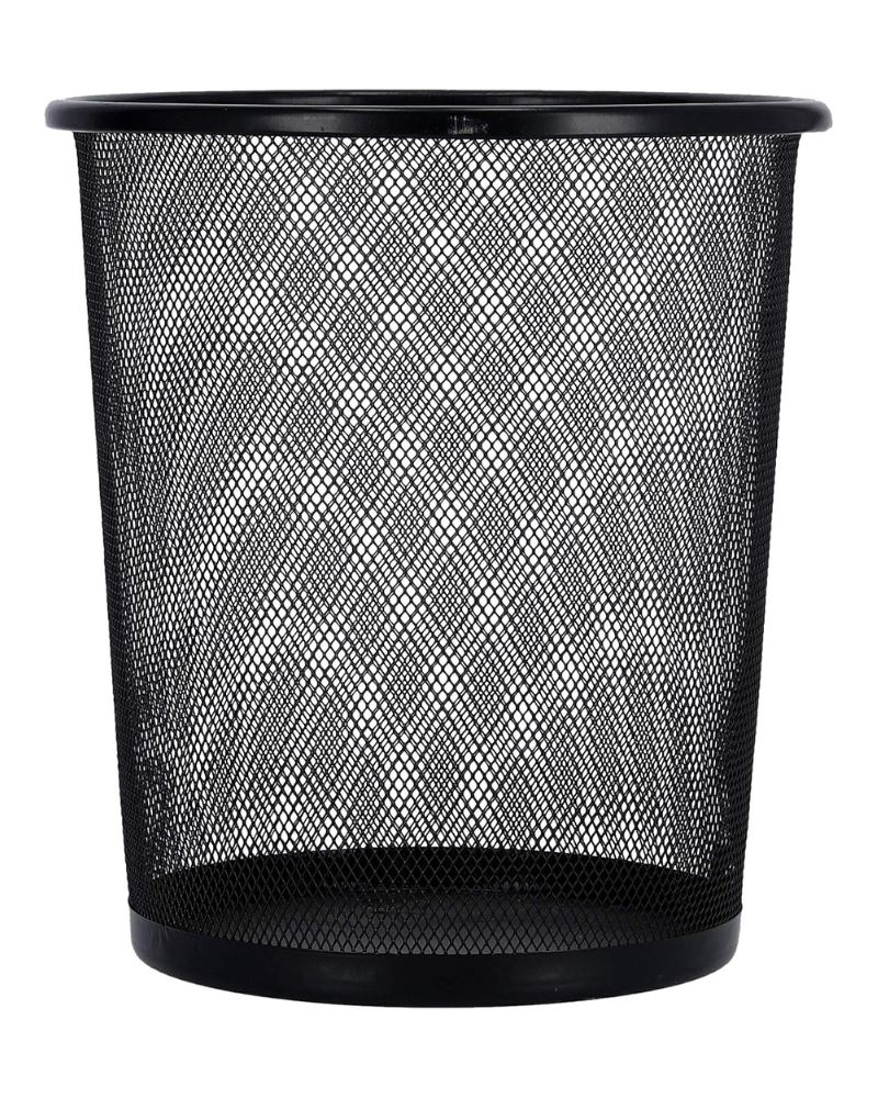 Mesh Waste Bin – Metal Wire Trash Can for Office, Home, Kitchen, Bedroom & Bathroom | Round Black Steel Mesh Dustbin with Ventilated Design, Reinforced Rim & Solid Base