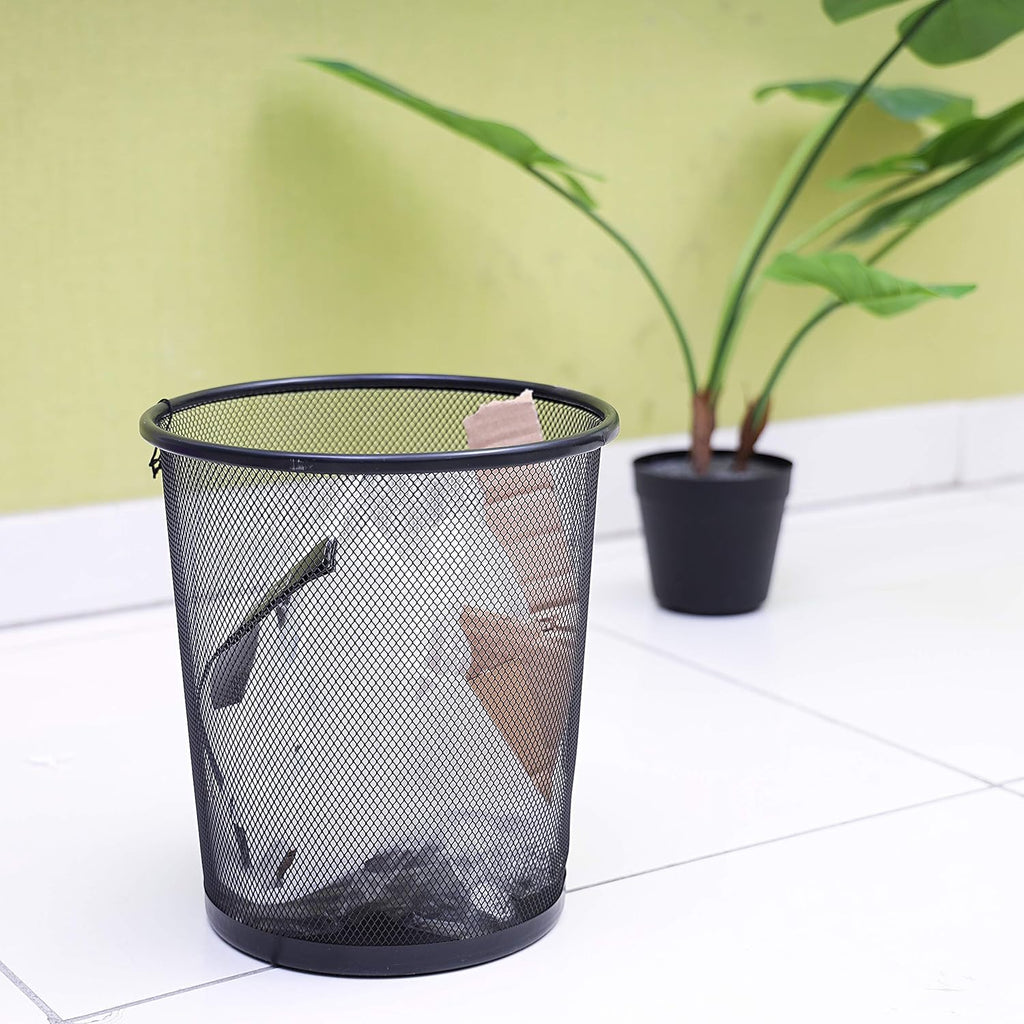 Mesh Waste Bin – Metal Wire Trash Can for Office, Home, Kitchen, Bedroom & Bathroom | Round Black Steel Mesh Dustbin with Ventilated Design, Reinforced Rim & Solid Base