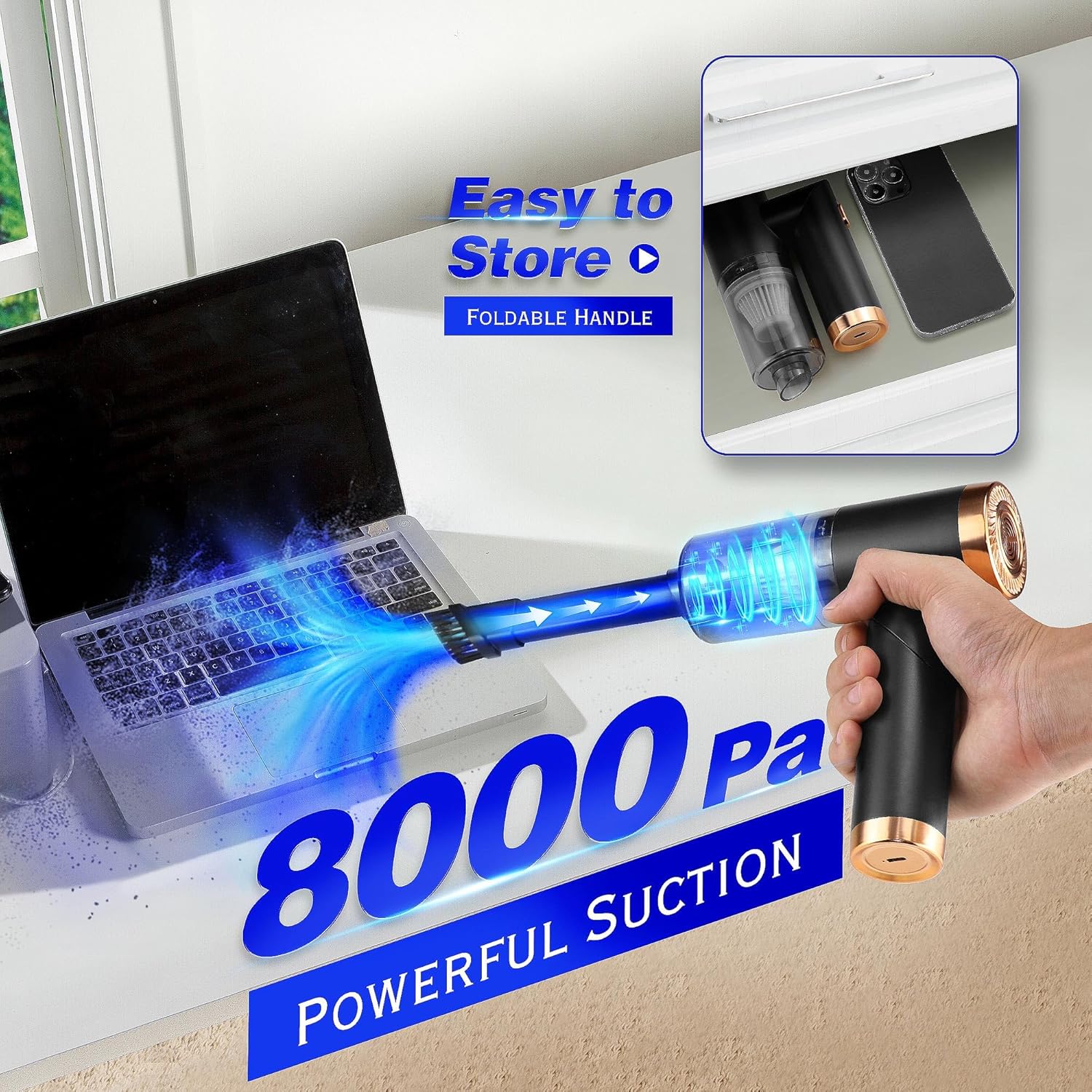 Mini Handheld Vacuum Cleaner – 150W 8kPa High Power, 4000mAh Rechargeable, Foldable & Cordless for Car/Home (Black)