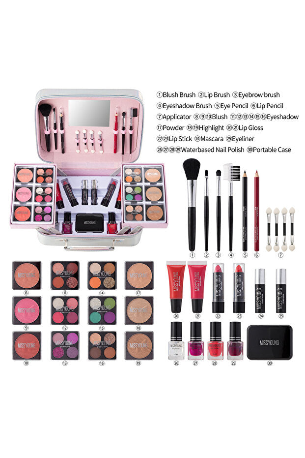 Missyoung Portable Multifunctional Cosmetic Bag – Long-Lasting Glitter Eyeshadow & Lipstick Makeup Set | All-in-One Travel Beauty Kit for Face, Eyes & Lips